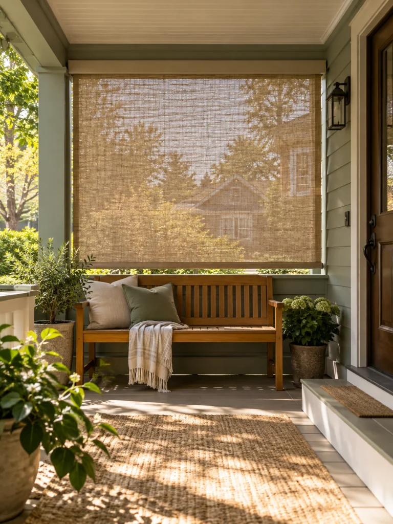 Tan woven roller shade lowered behind a wooden bench on a covered porch.