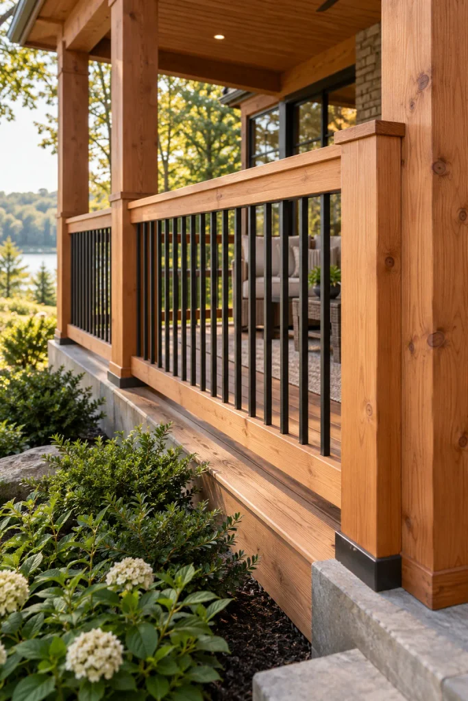 Cedar posts and rails surrounding slim black metal balusters on a timber-covered porch.