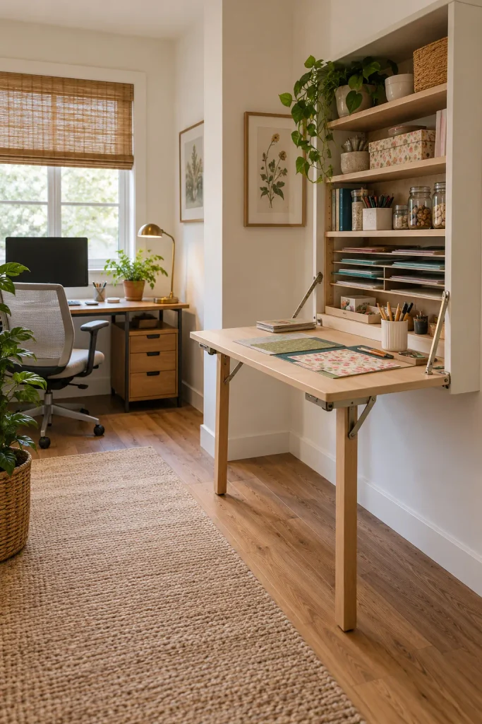 Open wall-mounted craft table with front support legs beside a separate computer desk.