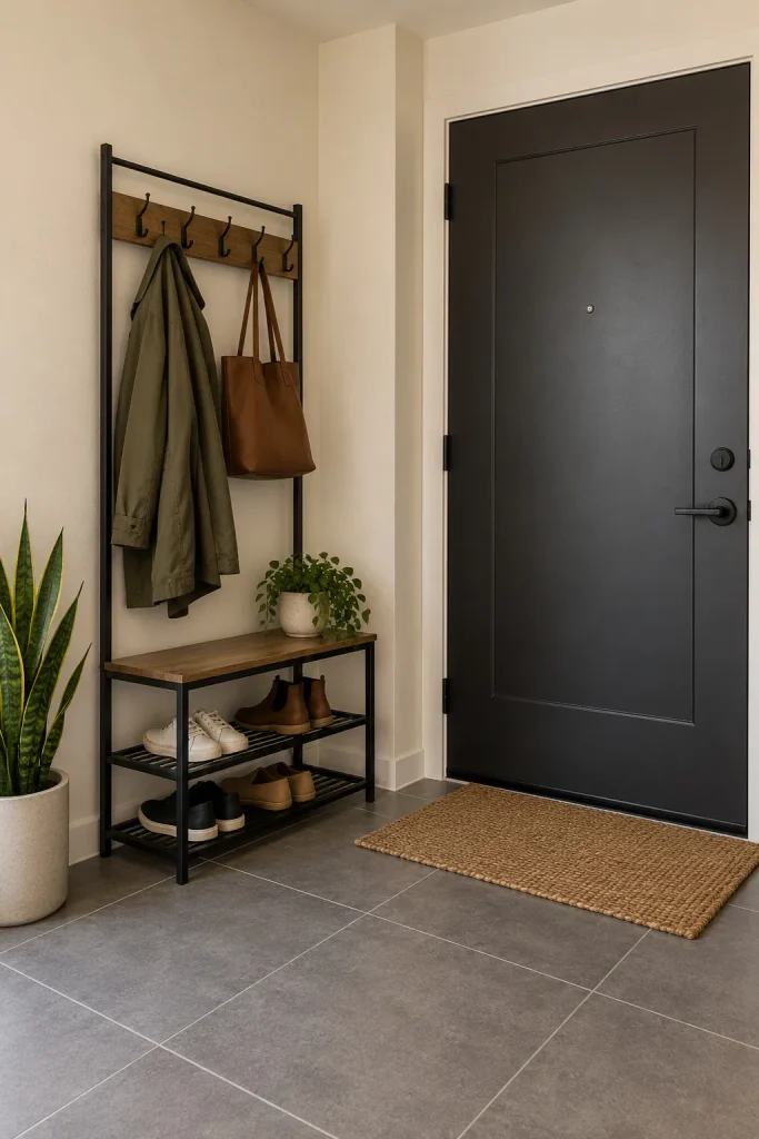 Black metal hall tree with coat hooks, a wood seat, and two shoe shelves beside a dark door.