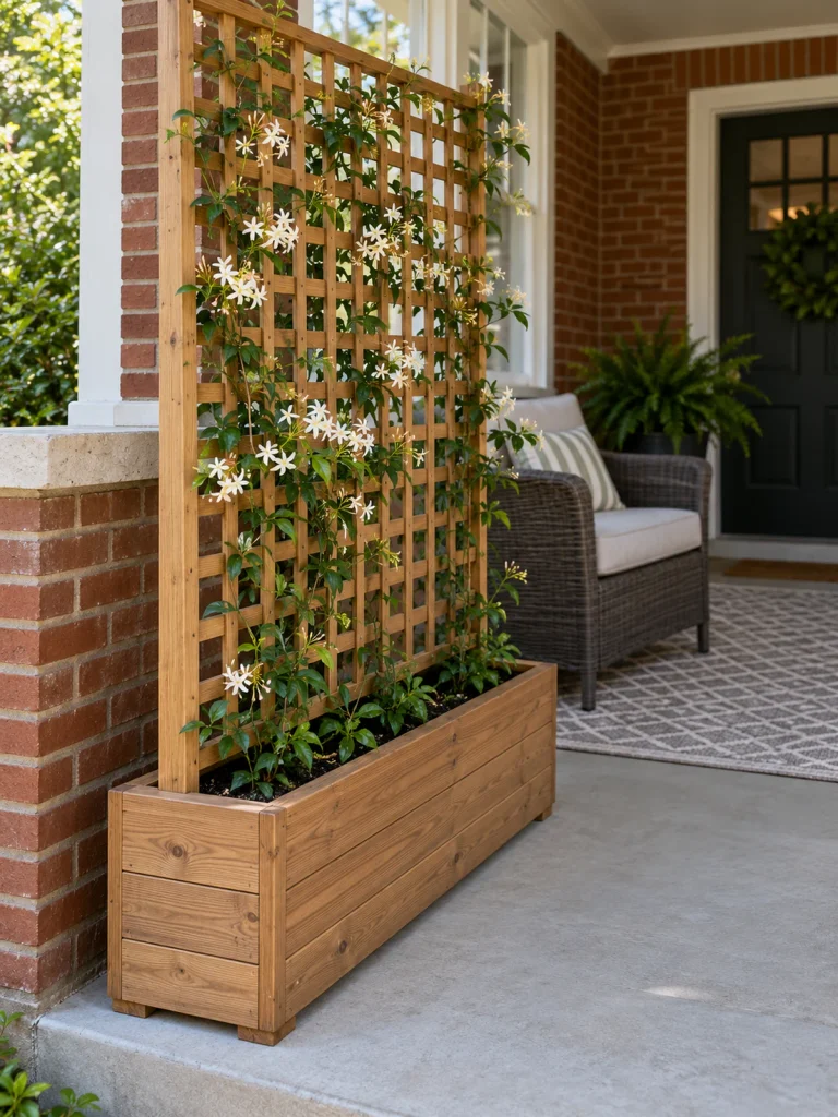 Wooden planter with a lattice trellis and white-flowering vine beside a brick porch.