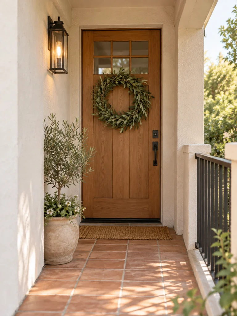 Green leafy wreath on a wood front door above a terracotta-tiled porch floor.