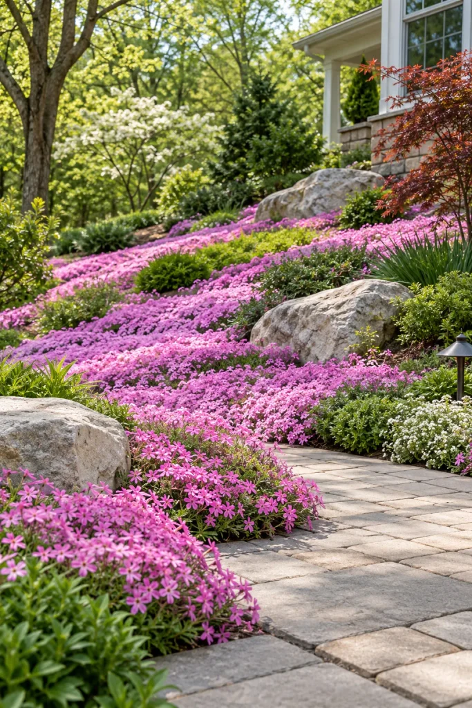 A sunny backyard bank covered in pink creeping phlox and low green foliage with scattered pale rocks.