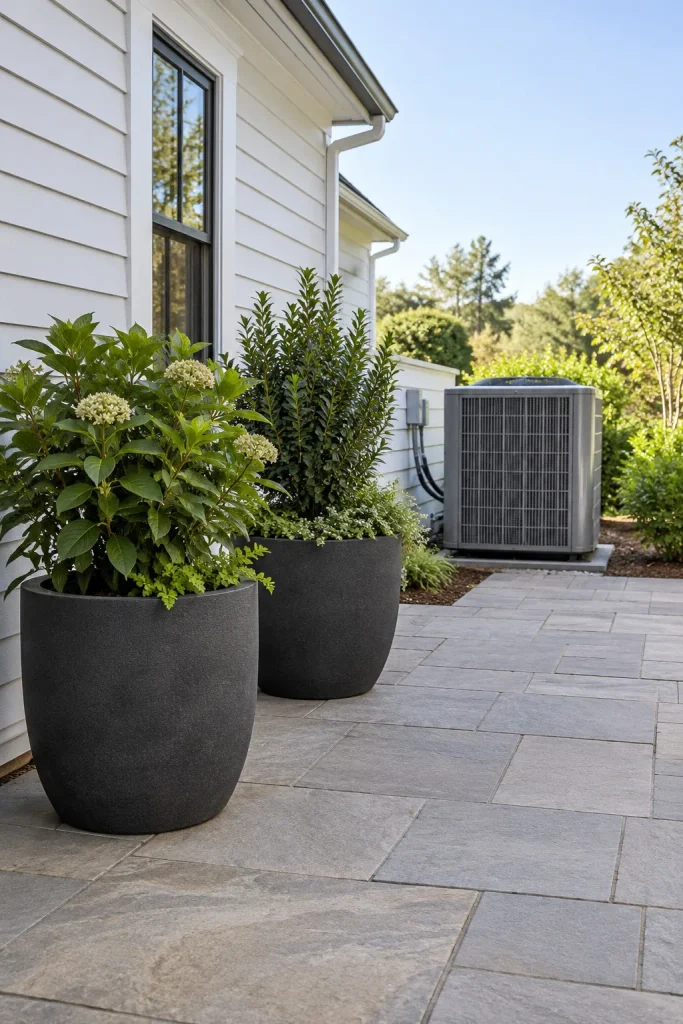 Two charcoal planters with upright green plants on a patio, with an AC unit beyond and an open route at the right.
