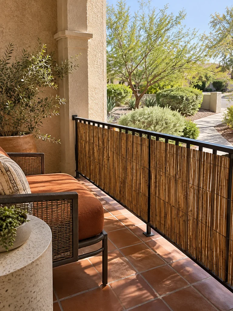 Natural reed screening lining a black porch railing beside rust-colored seating.