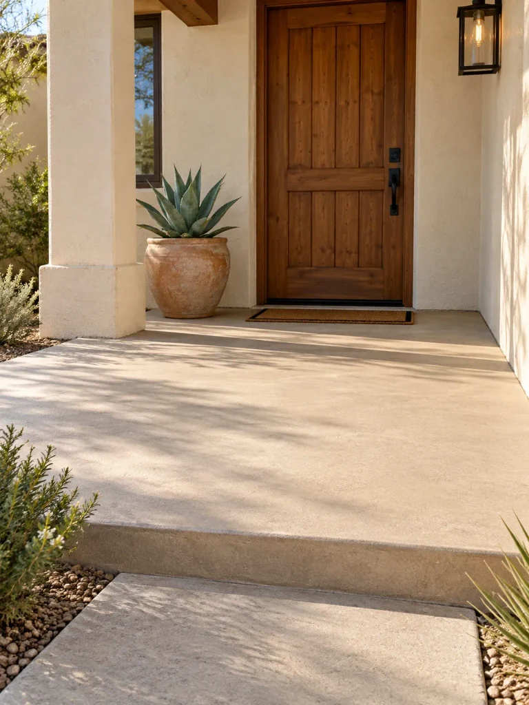 Sand-colored textured concrete porch outside a cream stucco home with a wooden front door.