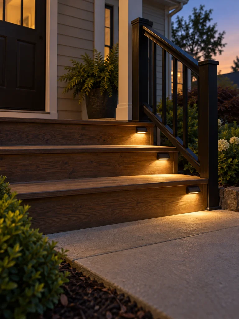 Low-profile solar lights illuminate the edges of wooden front porch steps.