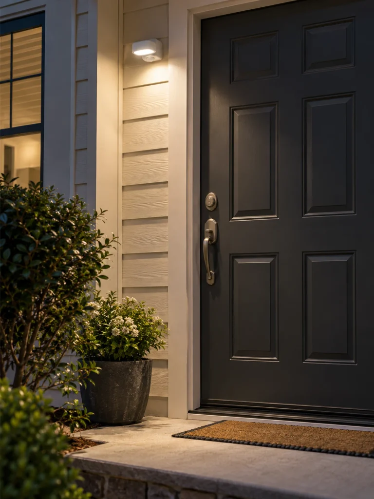 A compact white motion light illuminates the latch side of a charcoal front door.