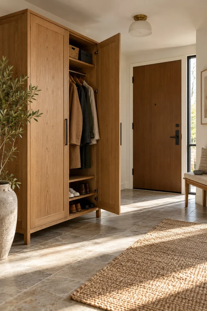 Tall oak wardrobe with an open door revealing hanging coats and shoe shelves in a condo entry.