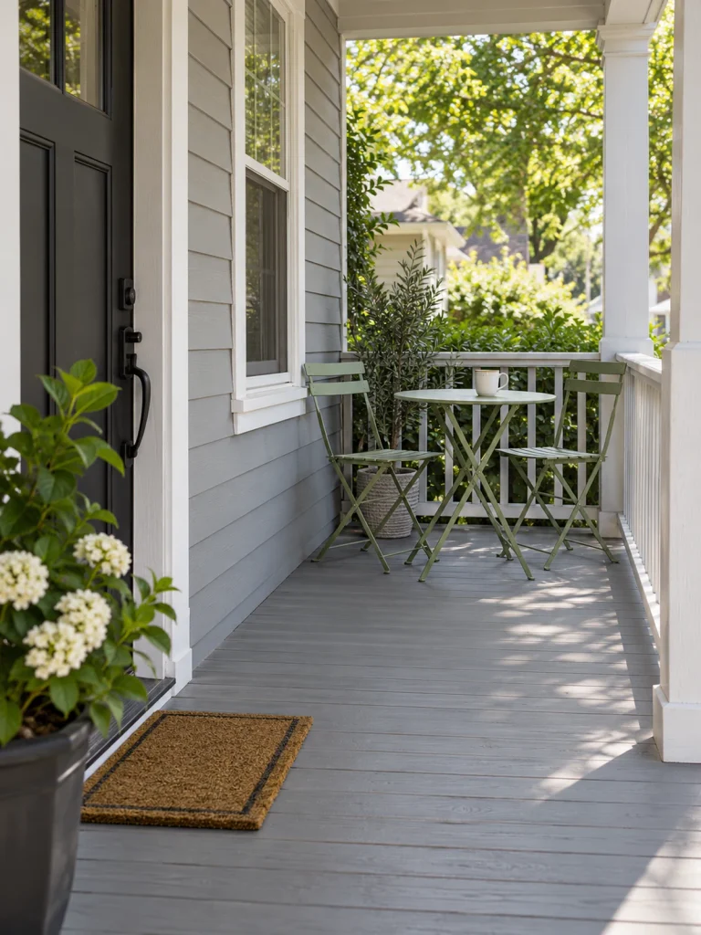 Sage green folding table and two chairs at the end of a narrow gray porch.