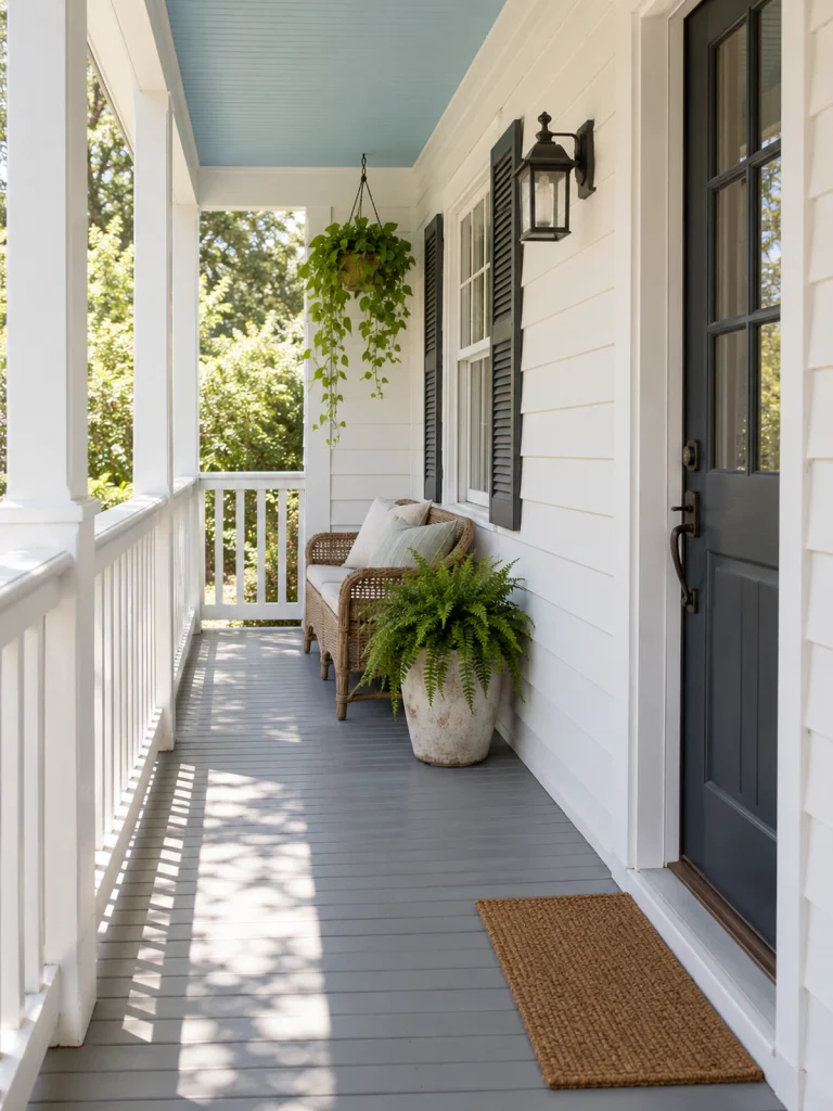 Hanging basket of trailing greenery at the far end of a narrow porch with a pale blue ceiling.
