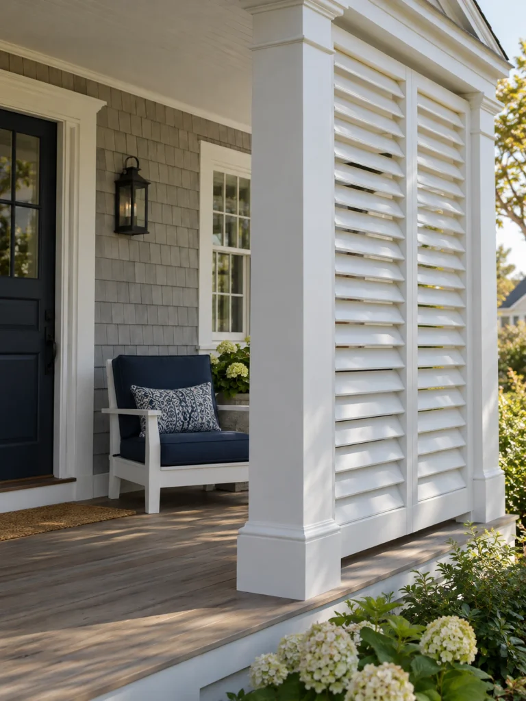 White louvered privacy panels beside a navy cushioned chair on a shingled porch.