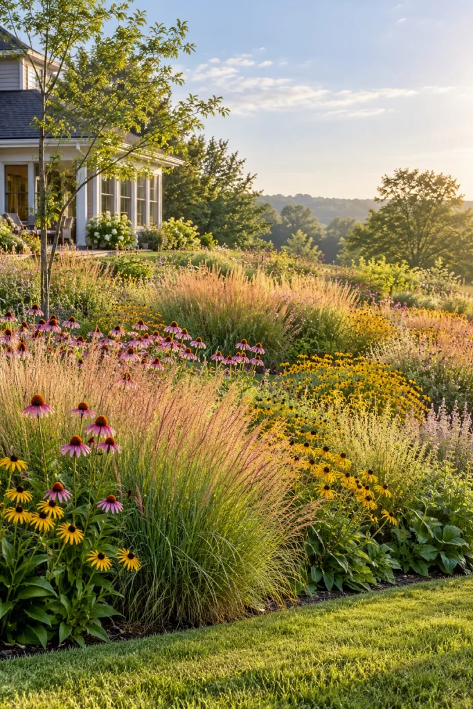 A sloping meadow of ornamental grasses, purple coneflowers, and yellow flowers above a narrow mown border.