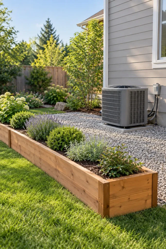 Long cedar raised planter across a lawn with a wide gravel area separating it from an outdoor AC unit.
