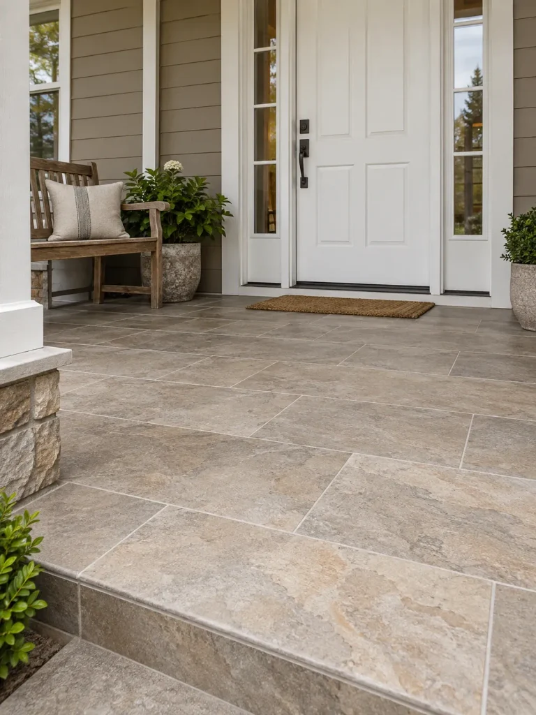 Matte stone-look rectangular porch tiles leading to a white door beside taupe siding.