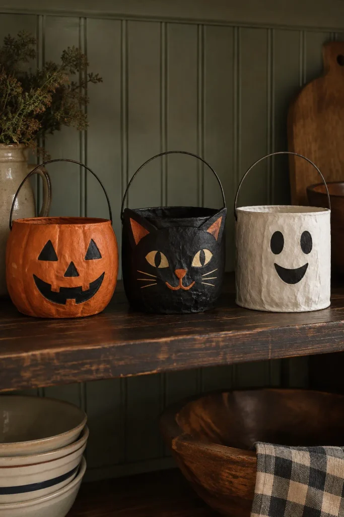 Pumpkin, black cat, and white ghost treat buckets on a wood shelf against green beadboard.
