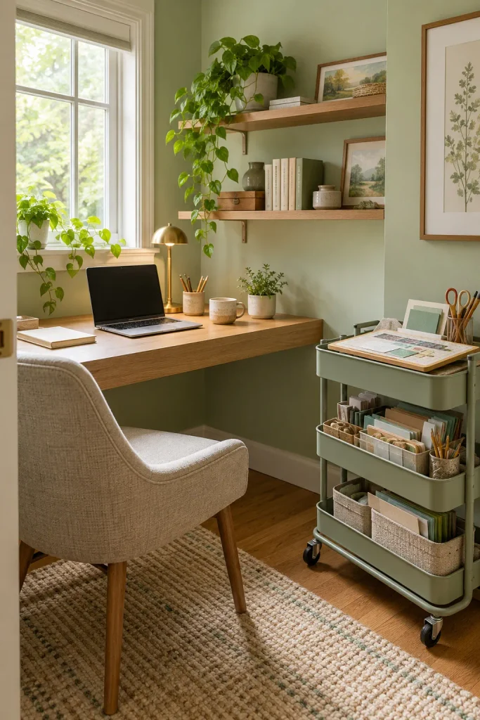 Three-tier rolling craft cart holding a removable work board and supply bins beside an office desk.