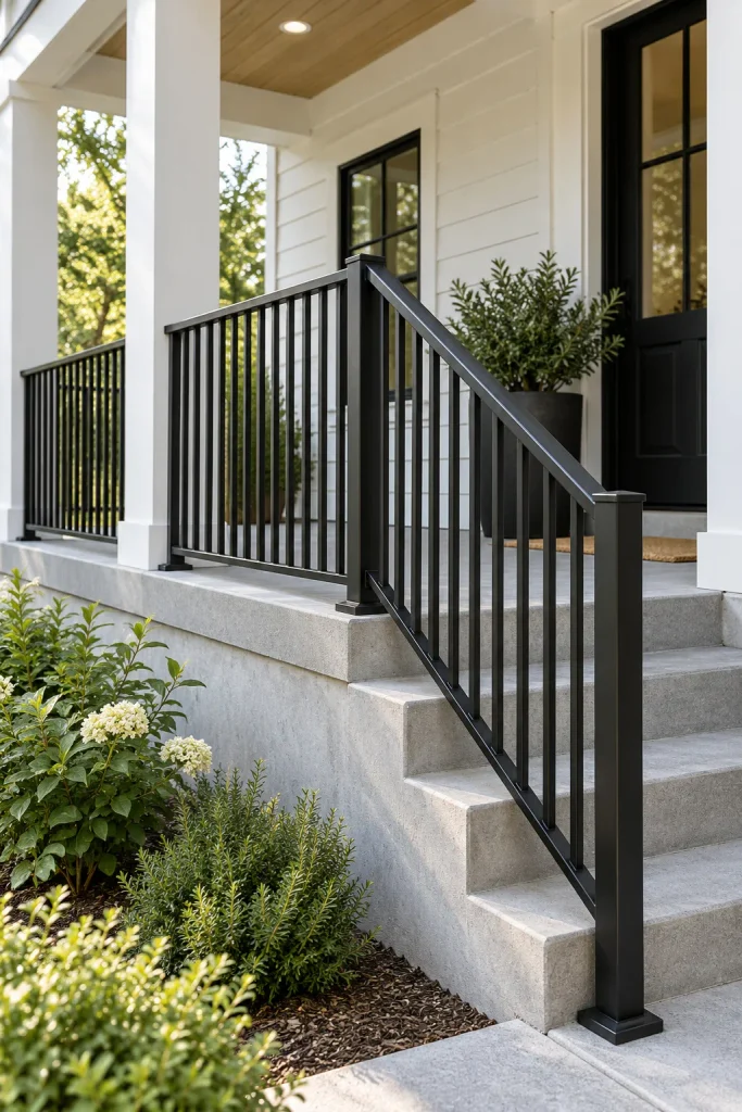 Matte black aluminum picket railing following a white porch edge and concrete entry steps.