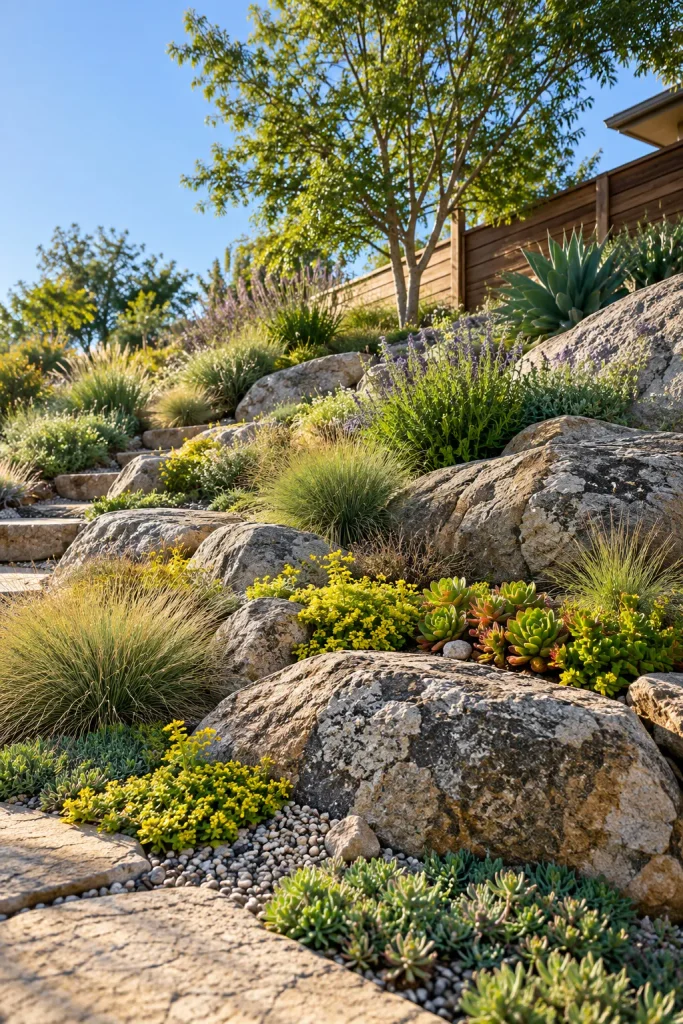 Partially buried weathered boulders with stonecrop, small grasses, and gravel planting pockets on a sunny slope.