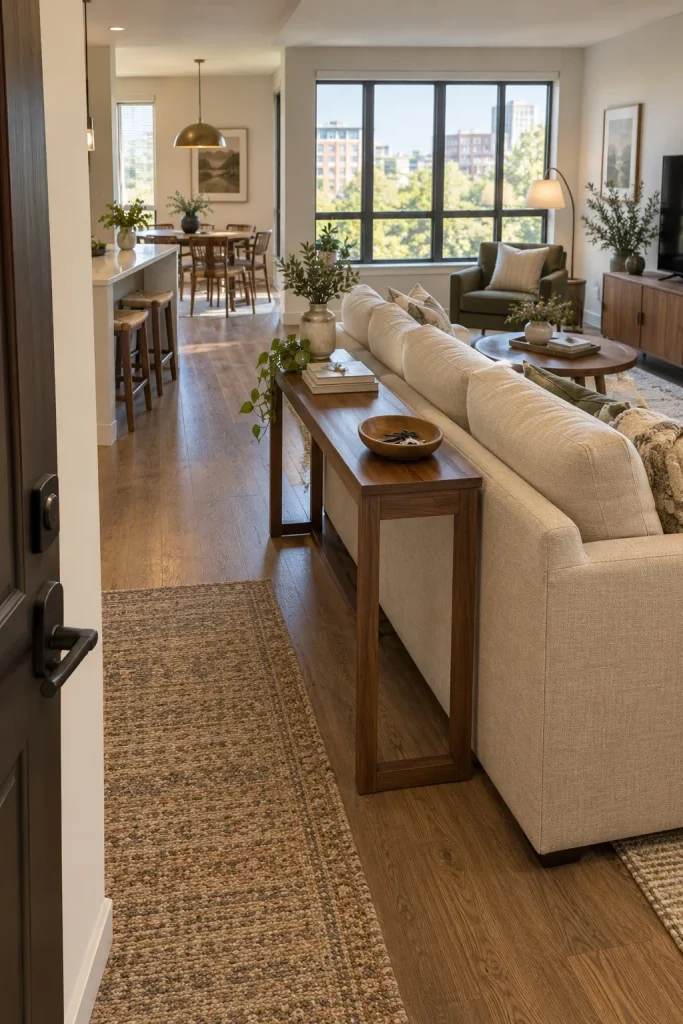 Narrow wood console behind an oatmeal sofa with a key bowl beside the apartment entrance path.