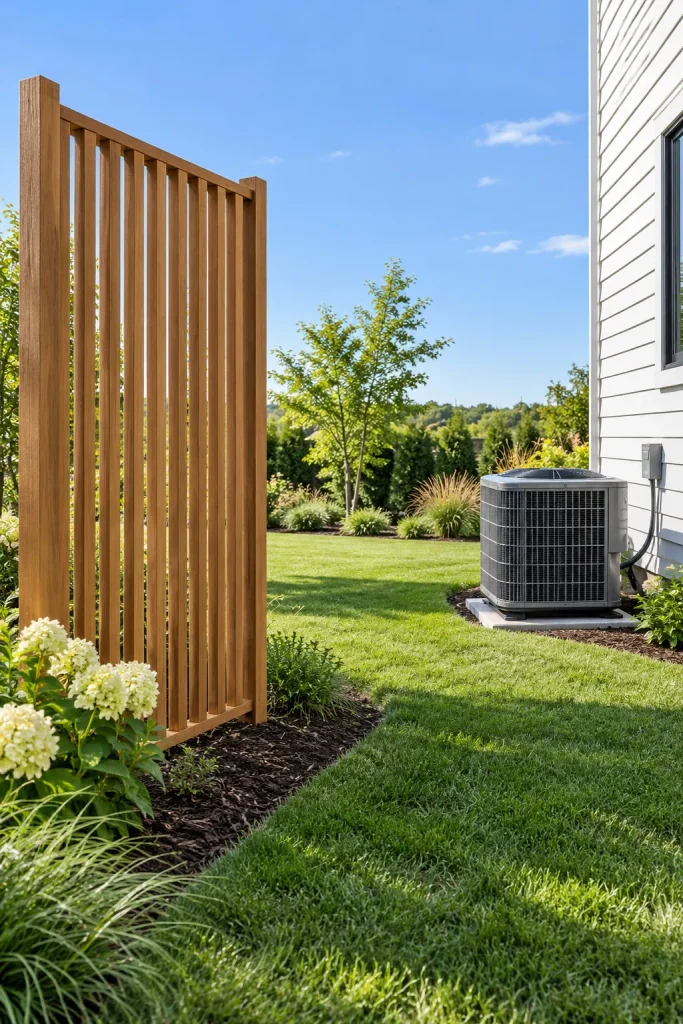 Freestanding cedar panel with spaced vertical slats across a lawn from a gray AC unit beside white siding.
