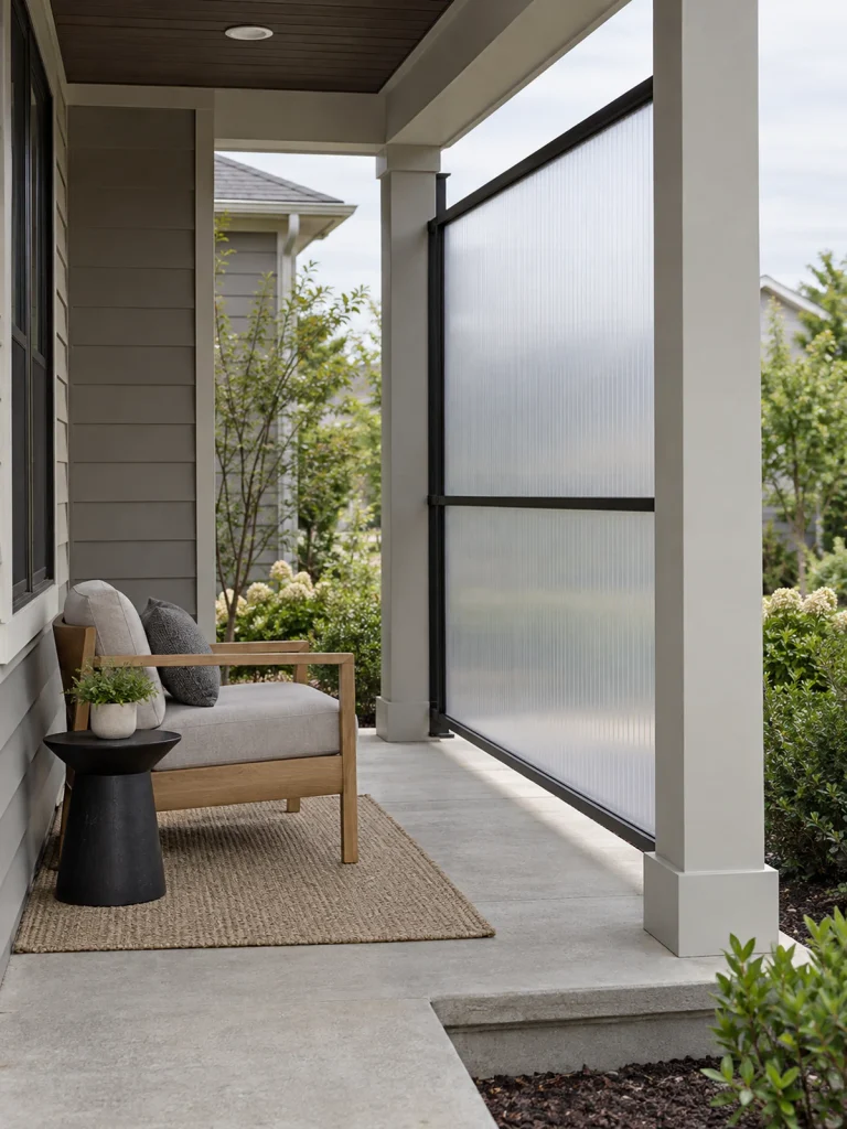 Black-framed translucent privacy panel screening a pale wood porch chair.