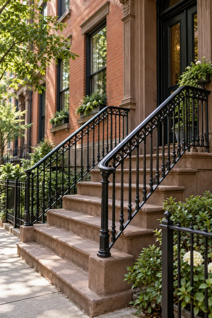 Black ornamental iron railing with scroll details along a brick rowhouse stoop and stone stairway.
