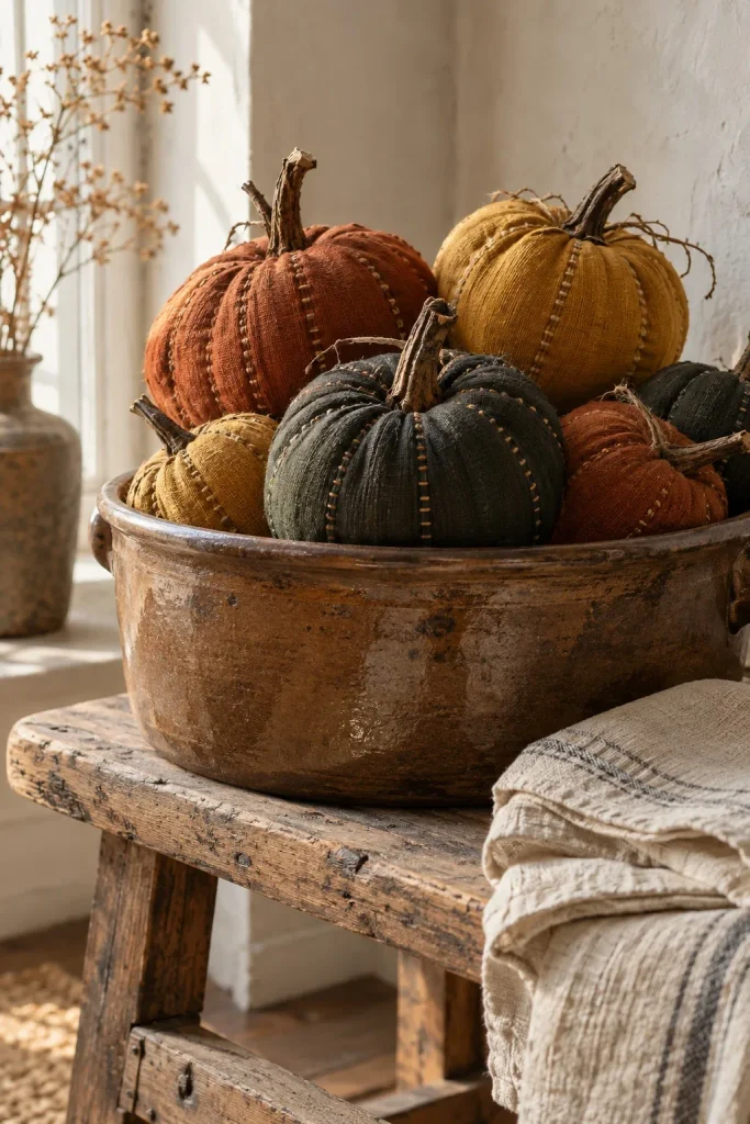 Rust, mustard, and charcoal fabric pumpkins nestled in a brown crock on a rustic bench.
