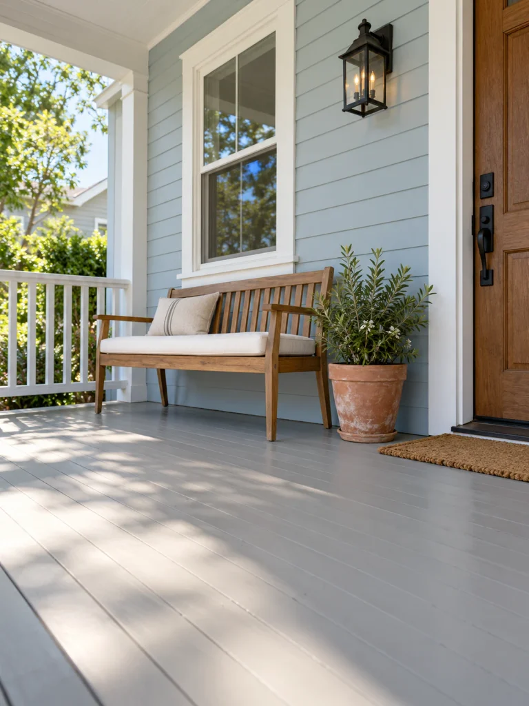 Wooden bench with a cream cushion against pale blue porch siding.