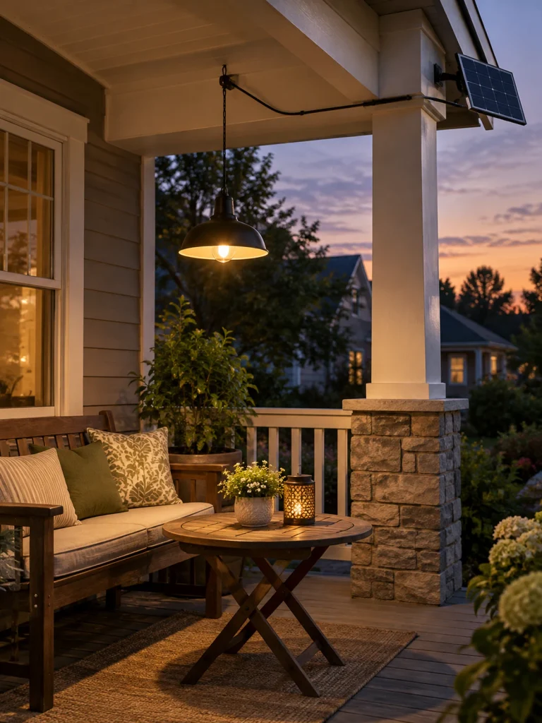 A black pendant lights a porch seating area, with its solar panel mounted outside the roof.