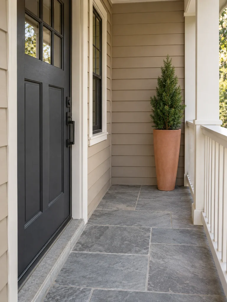 Tall terracotta planter with an upright evergreen at the end of a narrow porch.