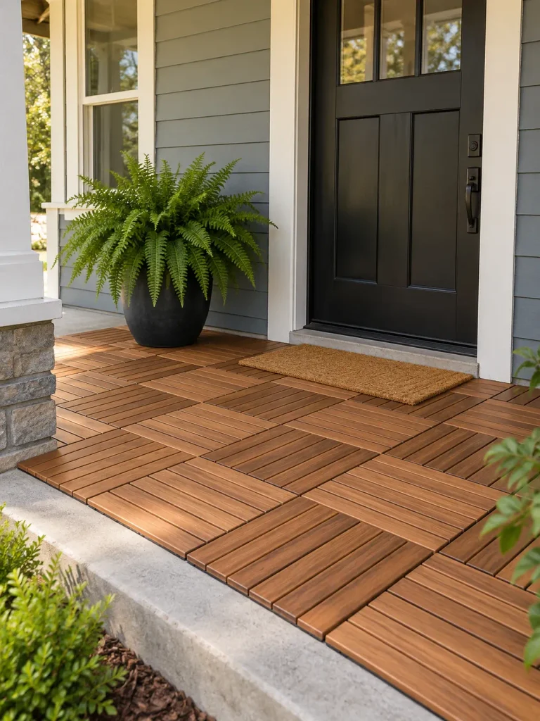 Warm wood deck tiles with alternating slat directions on a covered gray-blue front porch.
