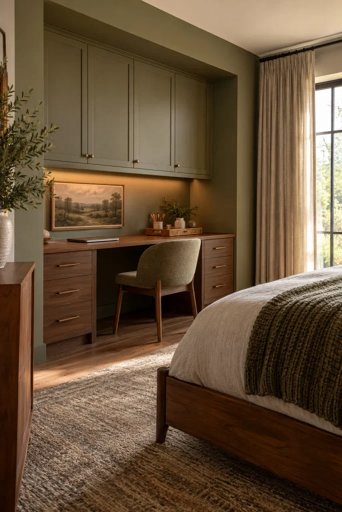 Bedroom desk alcove with closed overhead cabinets, a laptop, a craft tray, and a compact chair.