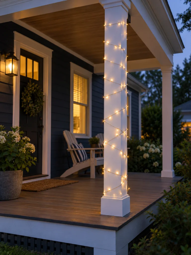 Warm fairy lights spiral around a white column on a dark-sided front porch.