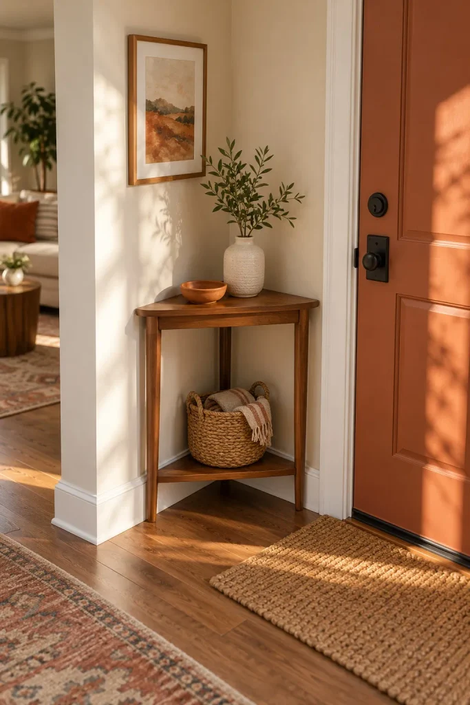 Triangular wood table tucked into an entry corner with a ceramic vase and a basket below.