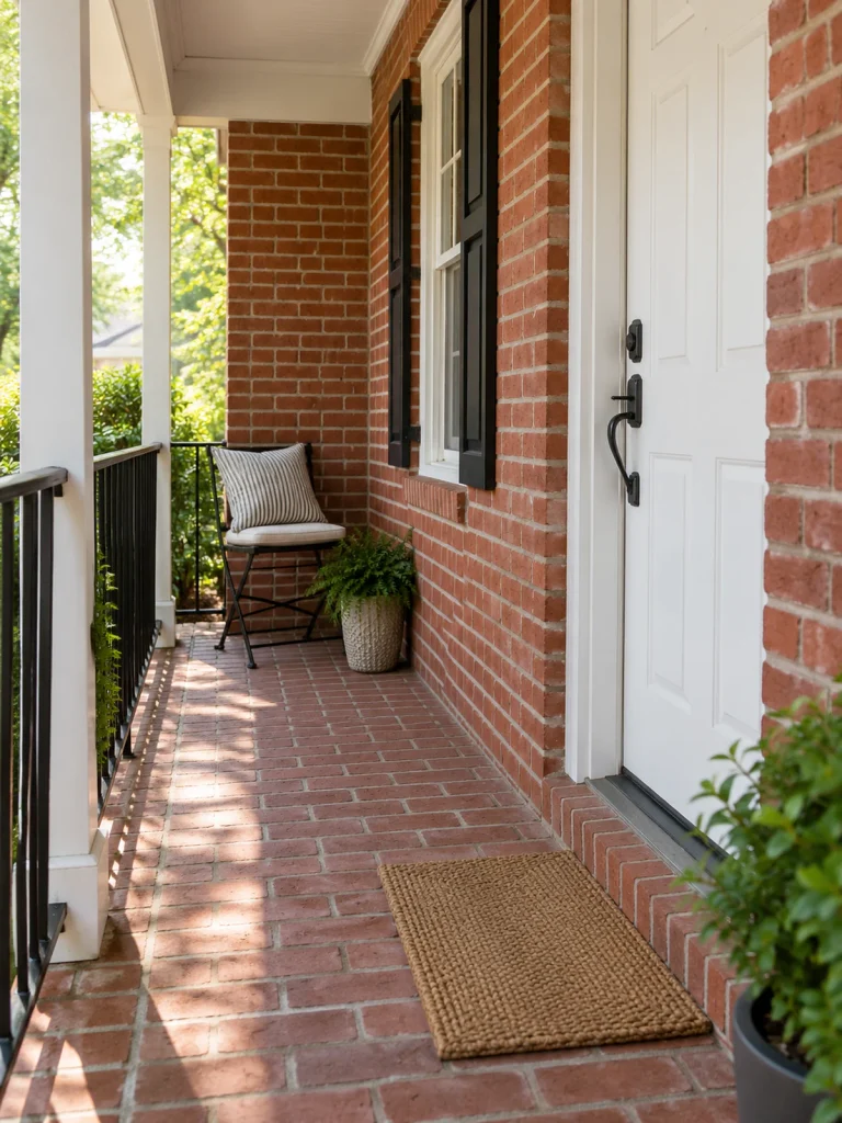 Black folding chair with pale cushions at the end of a narrow brick porch.