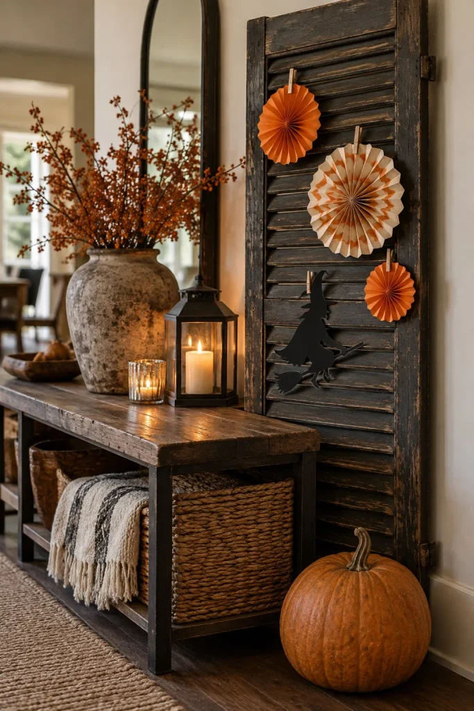 Orange and cream paper rosettes and a witch silhouette attached to a dark wooden shutter.
