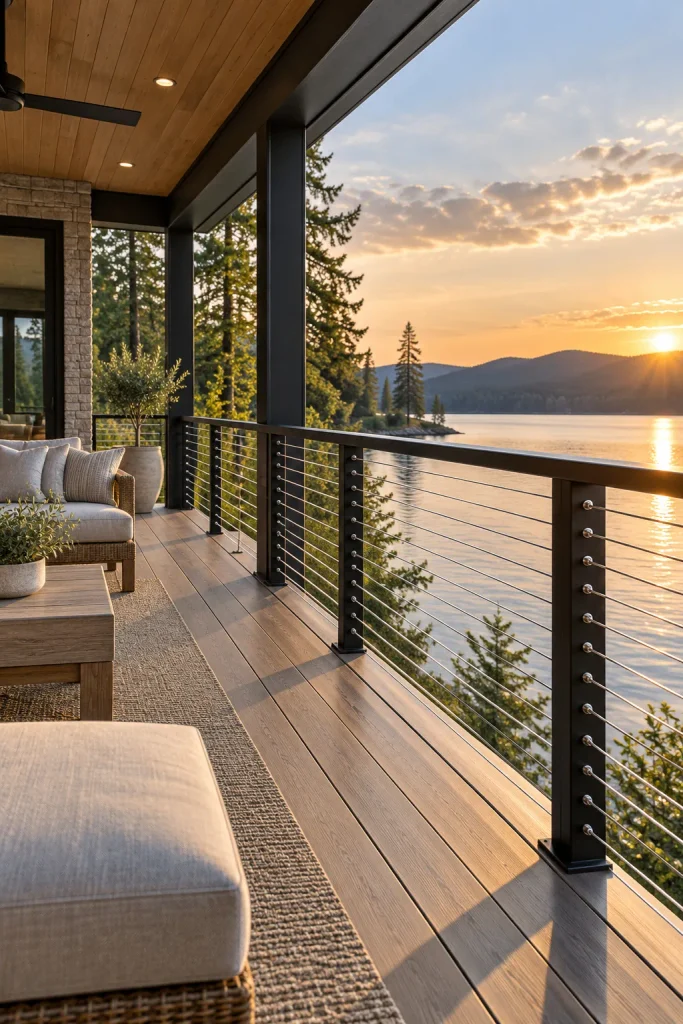 Horizontal stainless steel cables between black posts on a covered porch overlooking a lake.