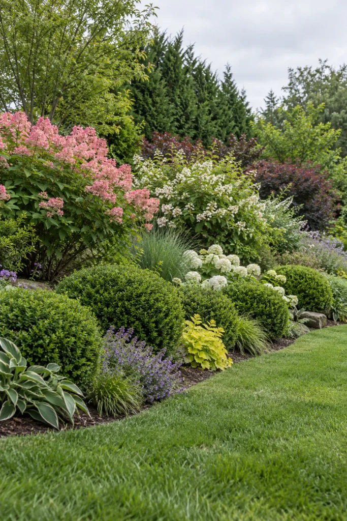 Rounded shrubs, flowering bushes, and taller boundary shrubs arranged in layers above a lower lawn.