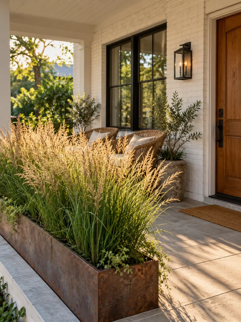 Ornamental grasses in a long trough planter screening woven porch chairs.
