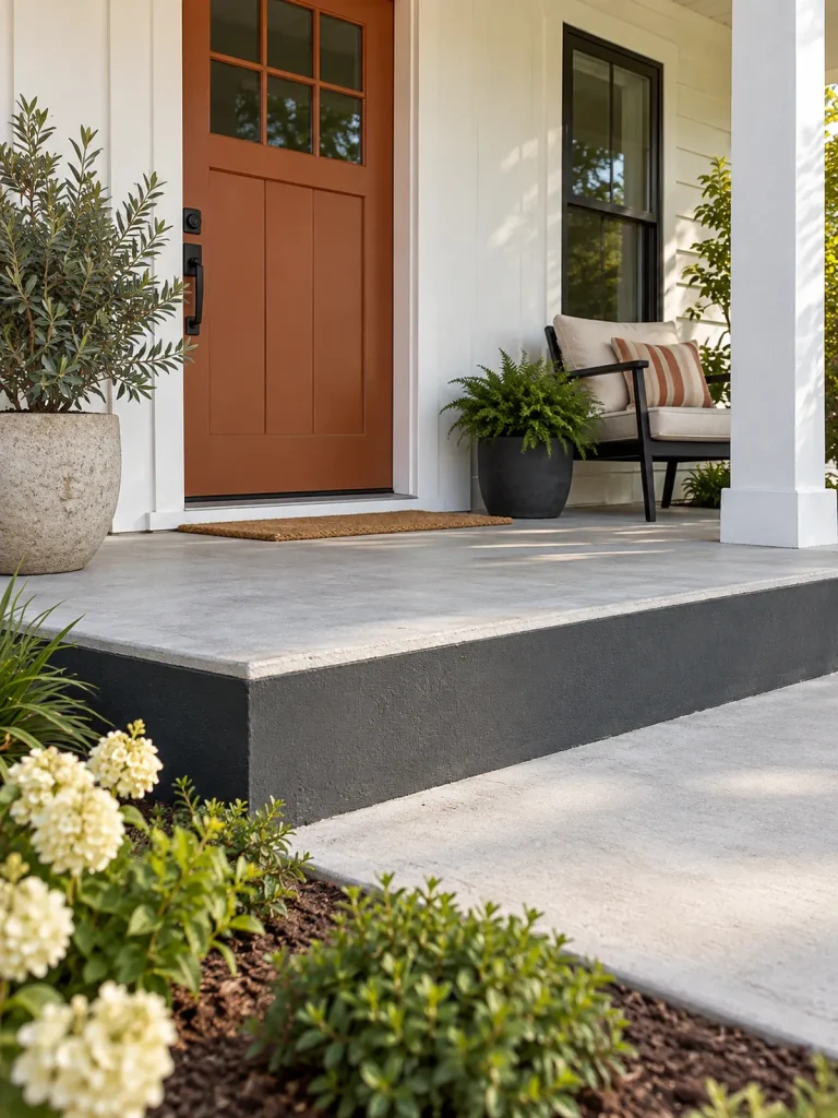 Charcoal-painted vertical edge beneath a light gray concrete porch and terra-cotta-colored door.