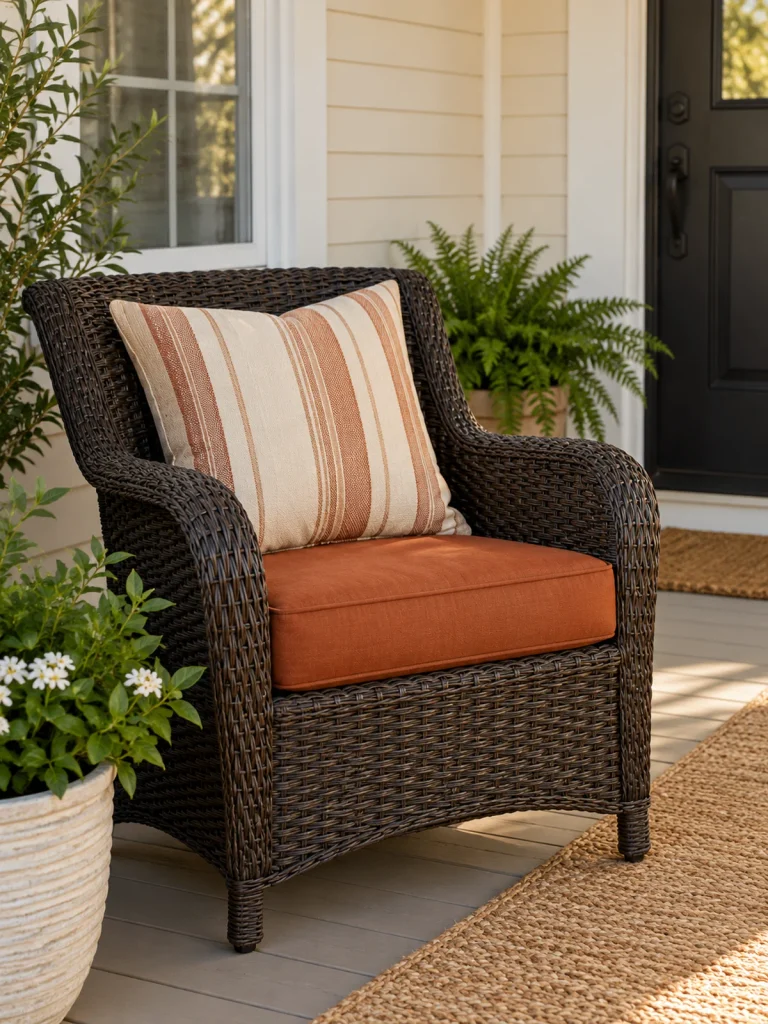 Dark wicker chair with a rust seat cushion and cream striped pillow on a covered porch.
