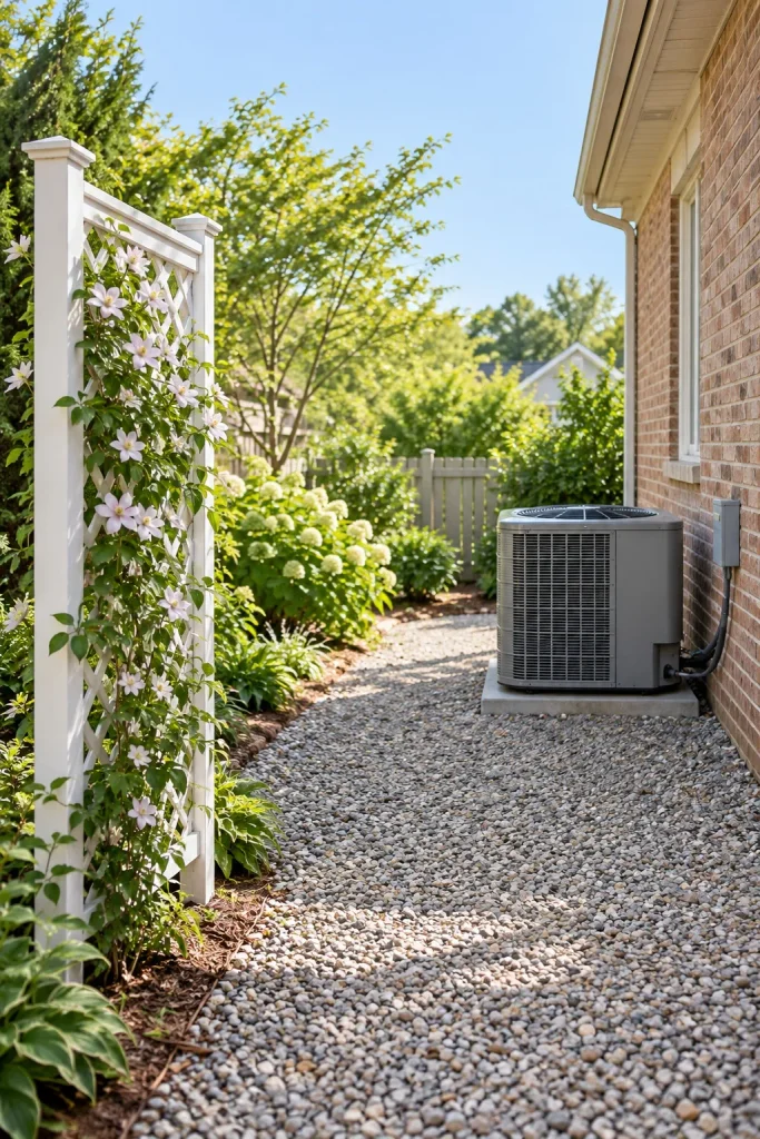 White lattice trellis with a flowering vine beside a broad gravel corridor leading past an outdoor AC unit.
