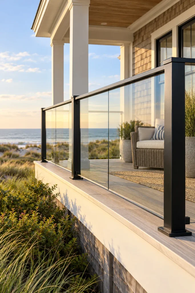 Clear glass railing panels held between black posts beneath a coastal porch roof.