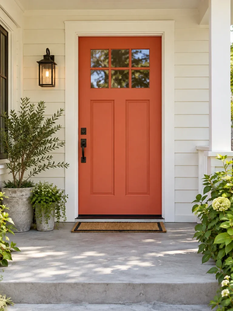 Coral red front door with black hardware above a plain gray concrete porch.