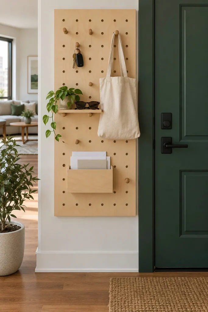 Birch pegboard with wooden pegs, a tote, keys, small shelves, and a mail pocket beside a green door.
