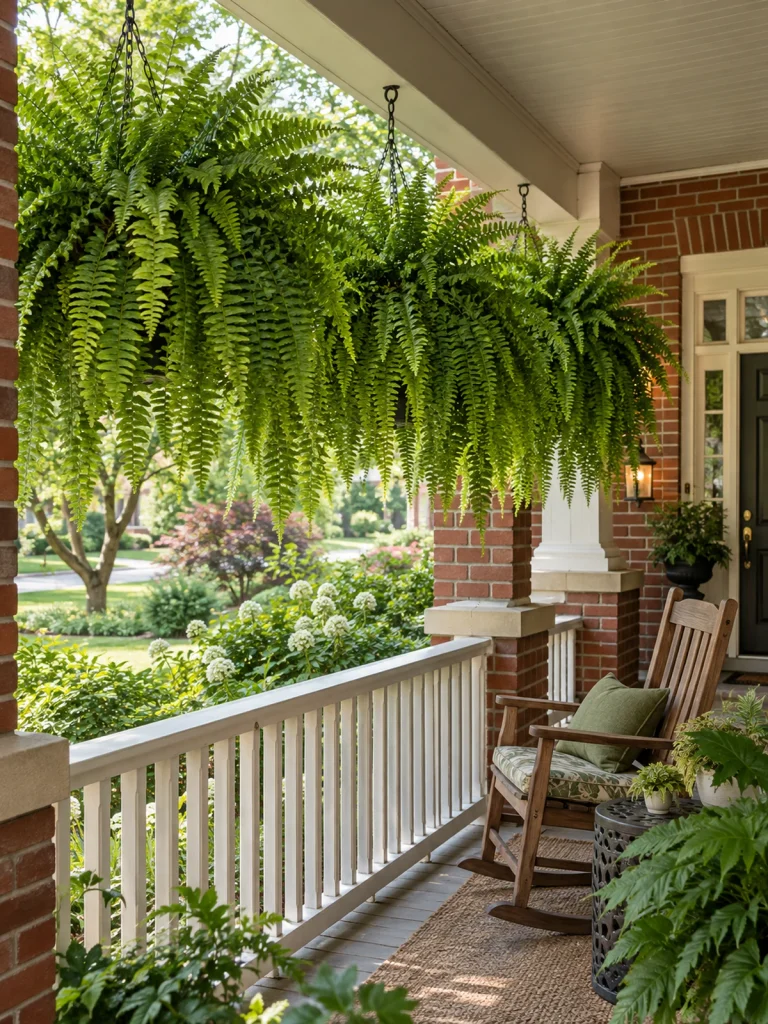 Hanging fern baskets forming a leafy fringe above a porch rocking chair.