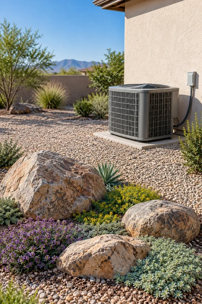 Low boulders and small ground-cover plants bordering a broad gravel apron around an AC condenser beside stucco siding.
