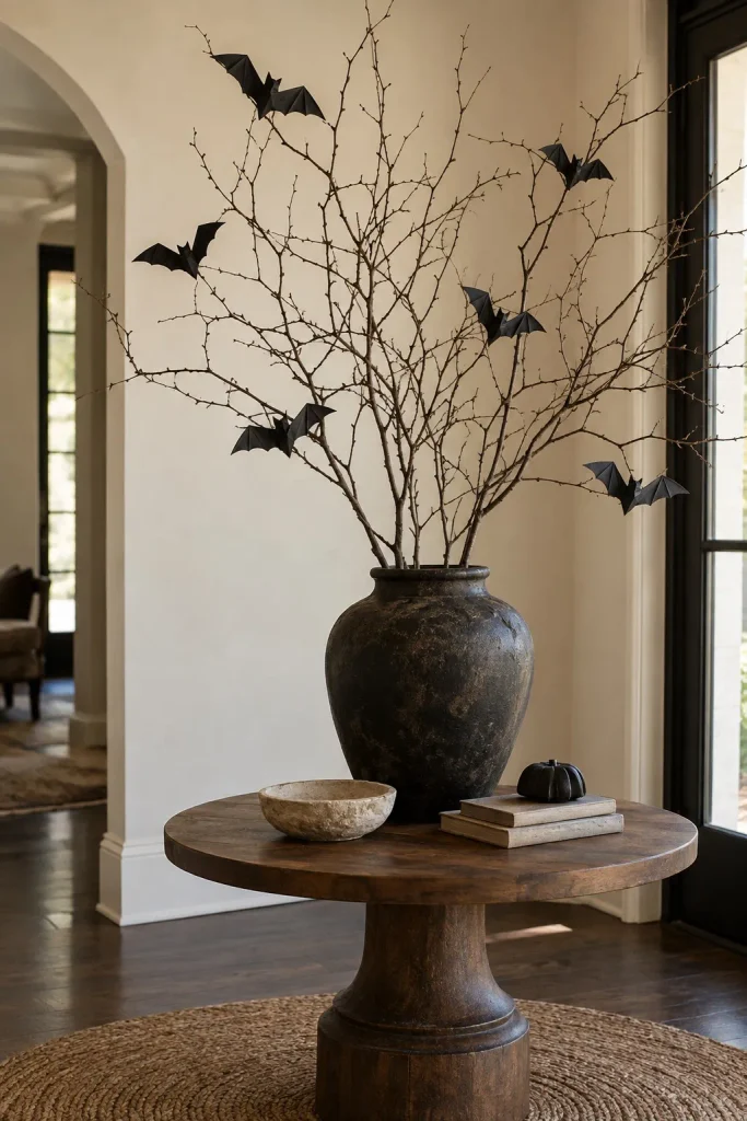 Folded black paper bats attached to bare branches in a dark vase on a round table.
