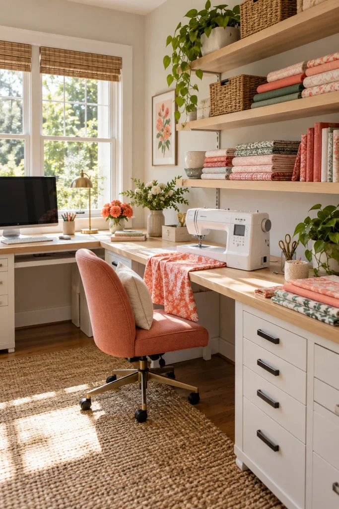 Sewing machine on a worktop beside a perpendicular computer desk with fabric stored nearby.